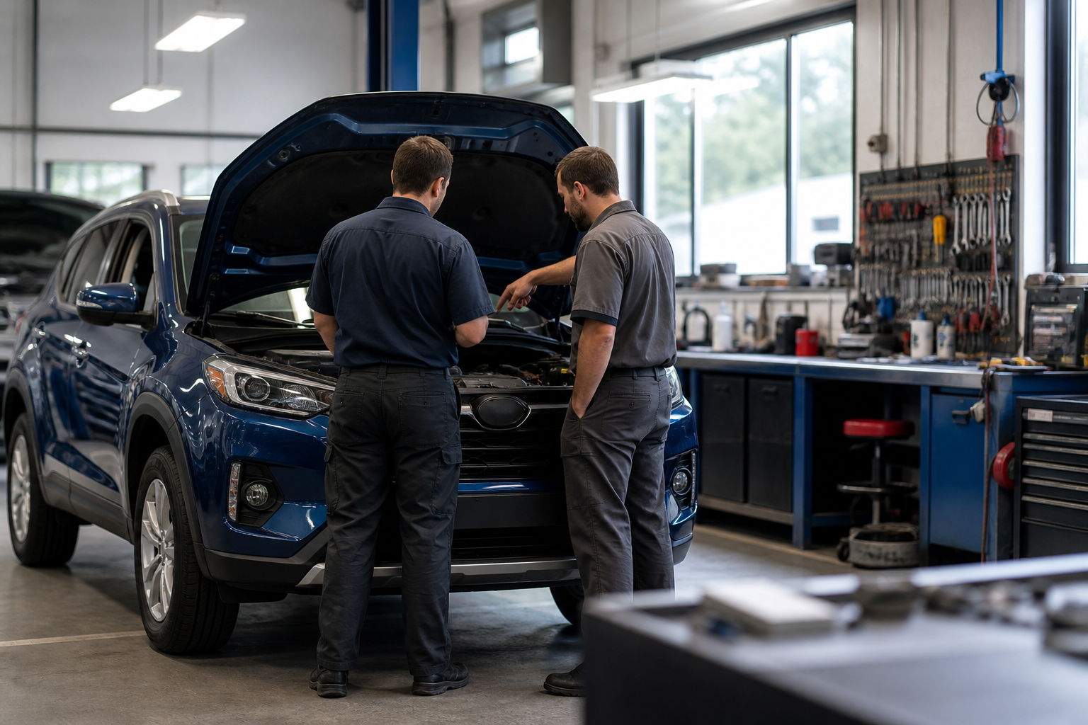 Technicians at work inside Vestal Automotive